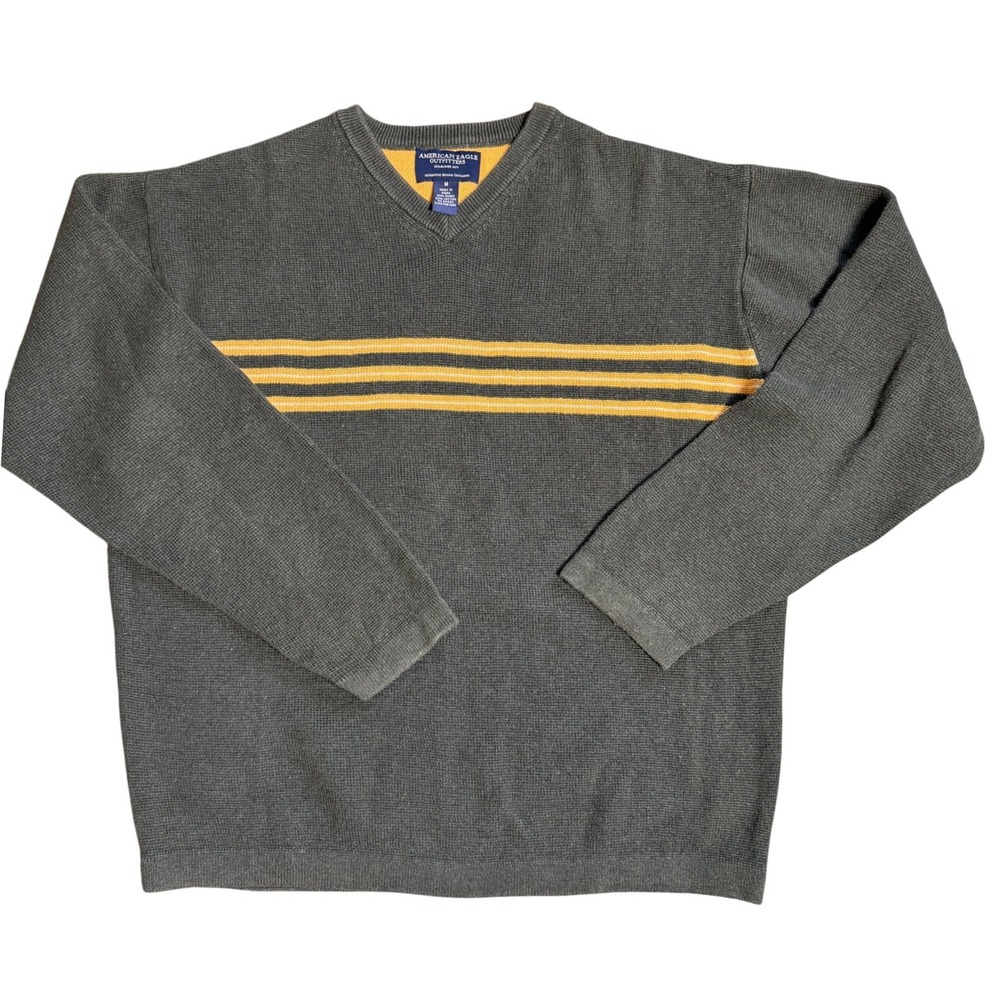American Eagle Outfitters Mens‎ M V Neck Sweater Olive Green Yellow Stripe Y2k